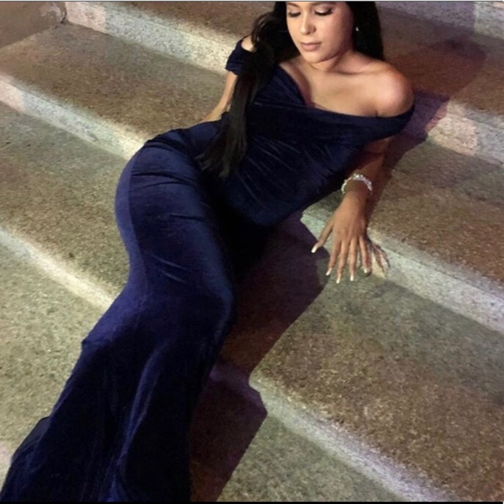 Strapless Navy Blue Velvet Gown